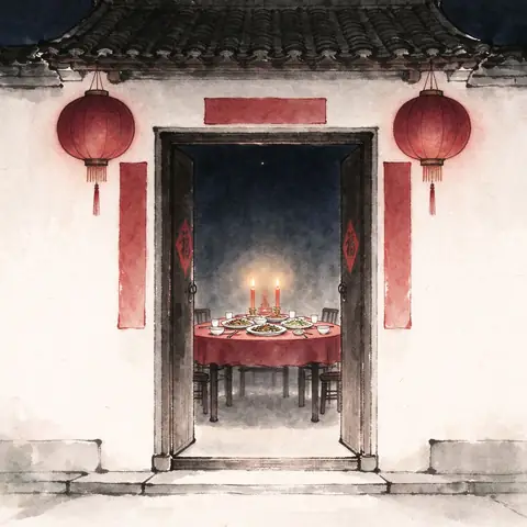 A doorway at midnight hung with two deep-red lanterns and blank paper strips, a candle-lit dinner table glimpsed inside.