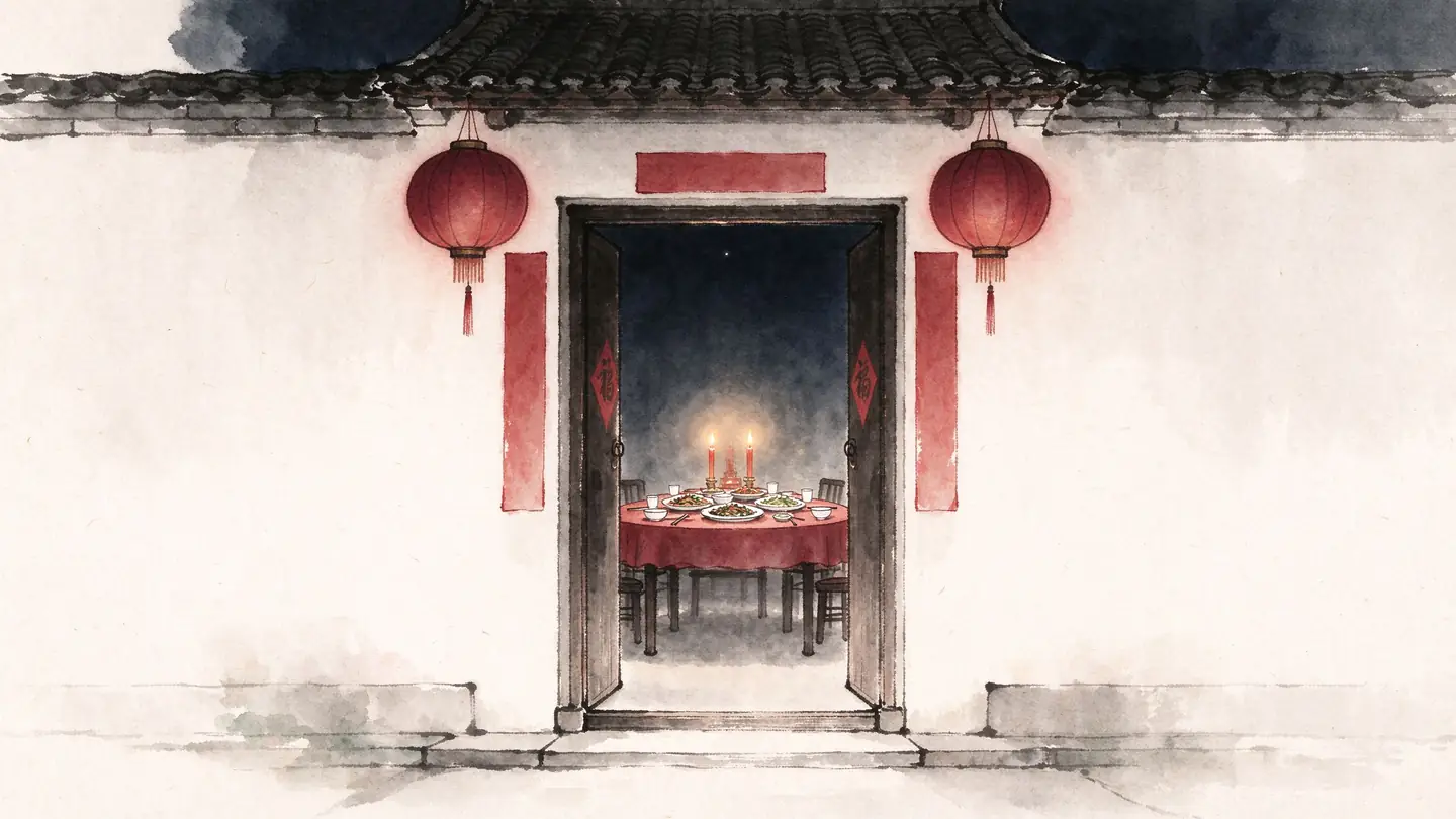 A doorway at midnight hung with two deep-red lanterns and blank paper strips, a candle-lit dinner table glimpsed inside.