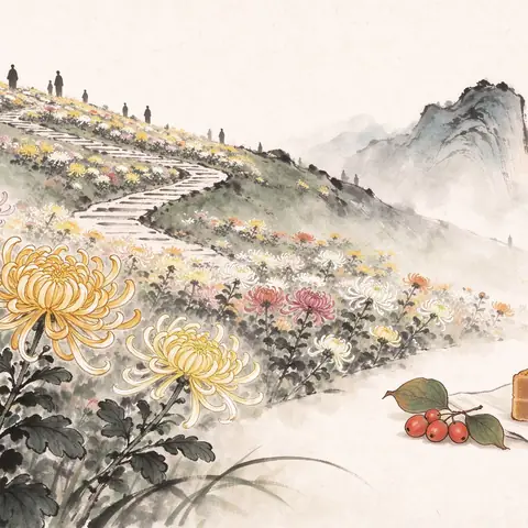 A hillside of chrysanthemums in bloom, a stone path climbing to misty peaks, and dogwood berries on a cloth.
