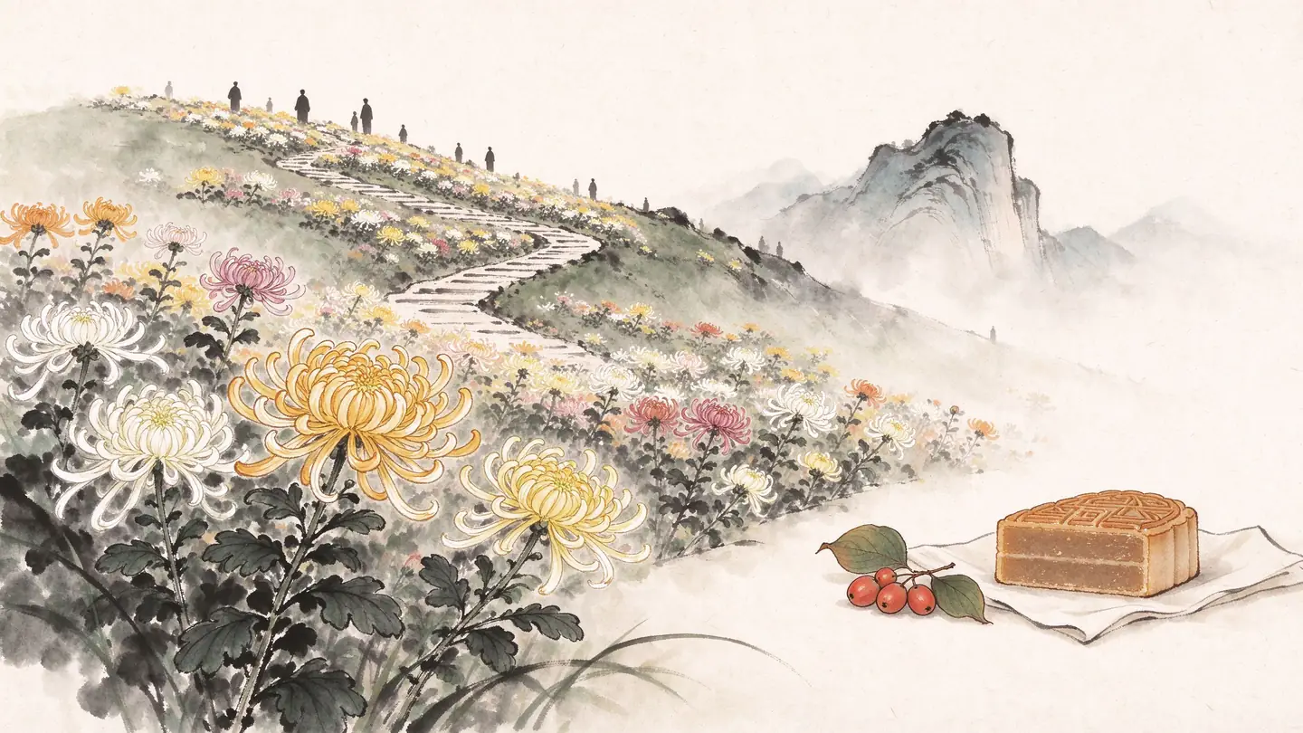 A hillside of chrysanthemums in bloom, a stone path climbing to misty peaks, and dogwood berries on a cloth.