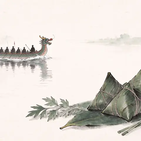 A dragon-headed boat cutting across still water, with bamboo-leaf zongzi and stalks of mugwort in the foreground.
