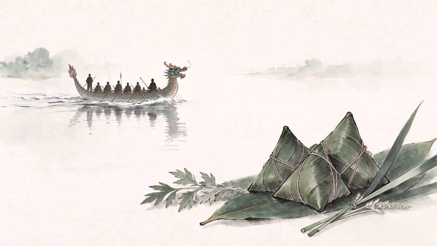A dragon-headed boat cutting across still water, with bamboo-leaf zongzi and stalks of mugwort in the foreground.