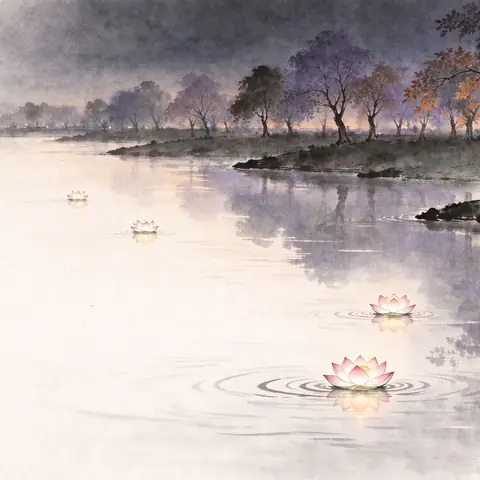 A calm river at dusk with small lotus-shaped paper lanterns drifting on the water and autumn trees along the far bank.