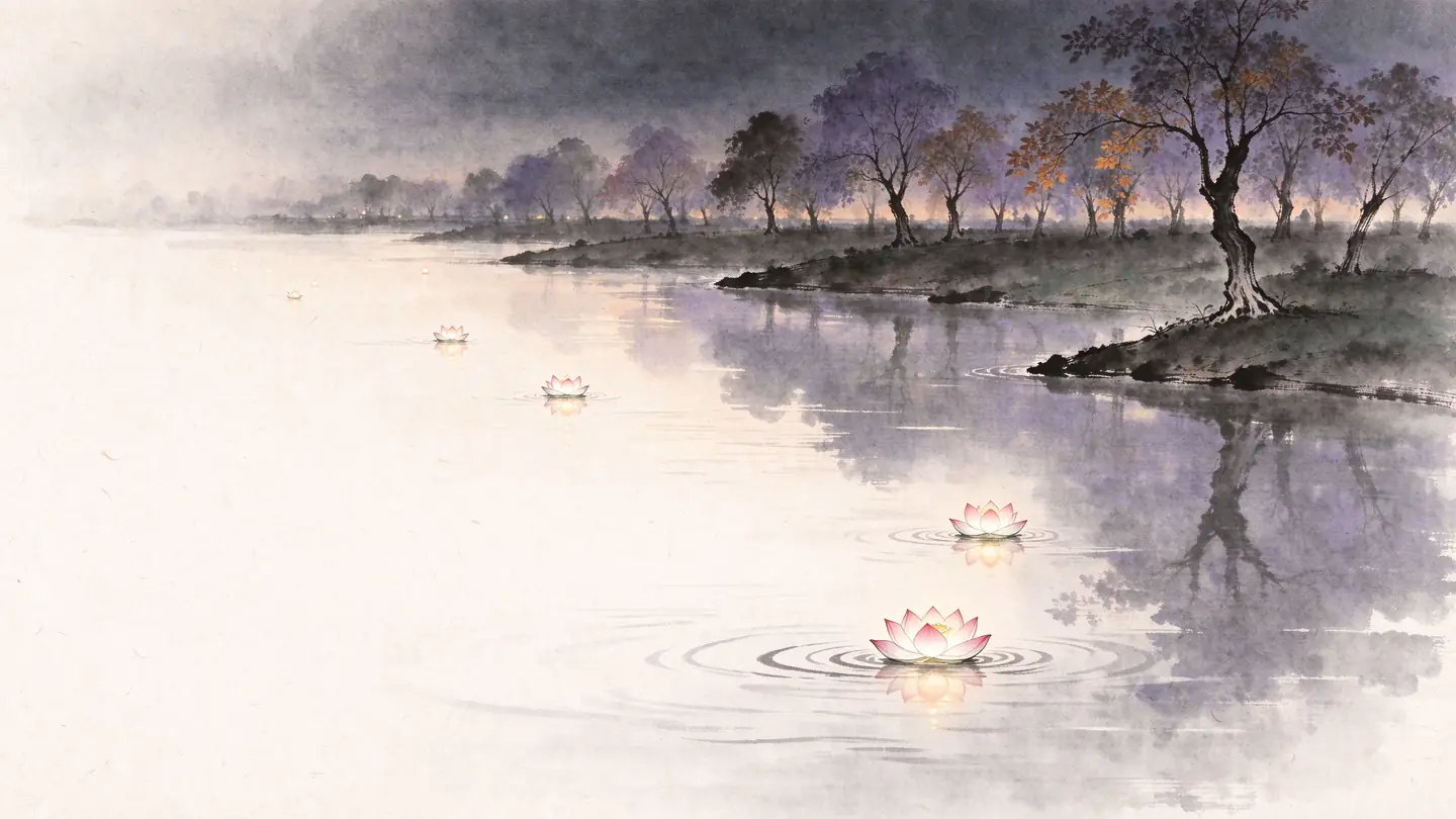 A calm river at dusk with small lotus-shaped paper lanterns drifting on the water and autumn trees along the far bank.