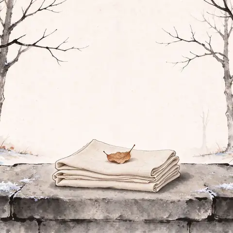 Bare late-autumn trees and thin frost, with a folded stack of pale undyed cloth resting on a plain stone ledge.