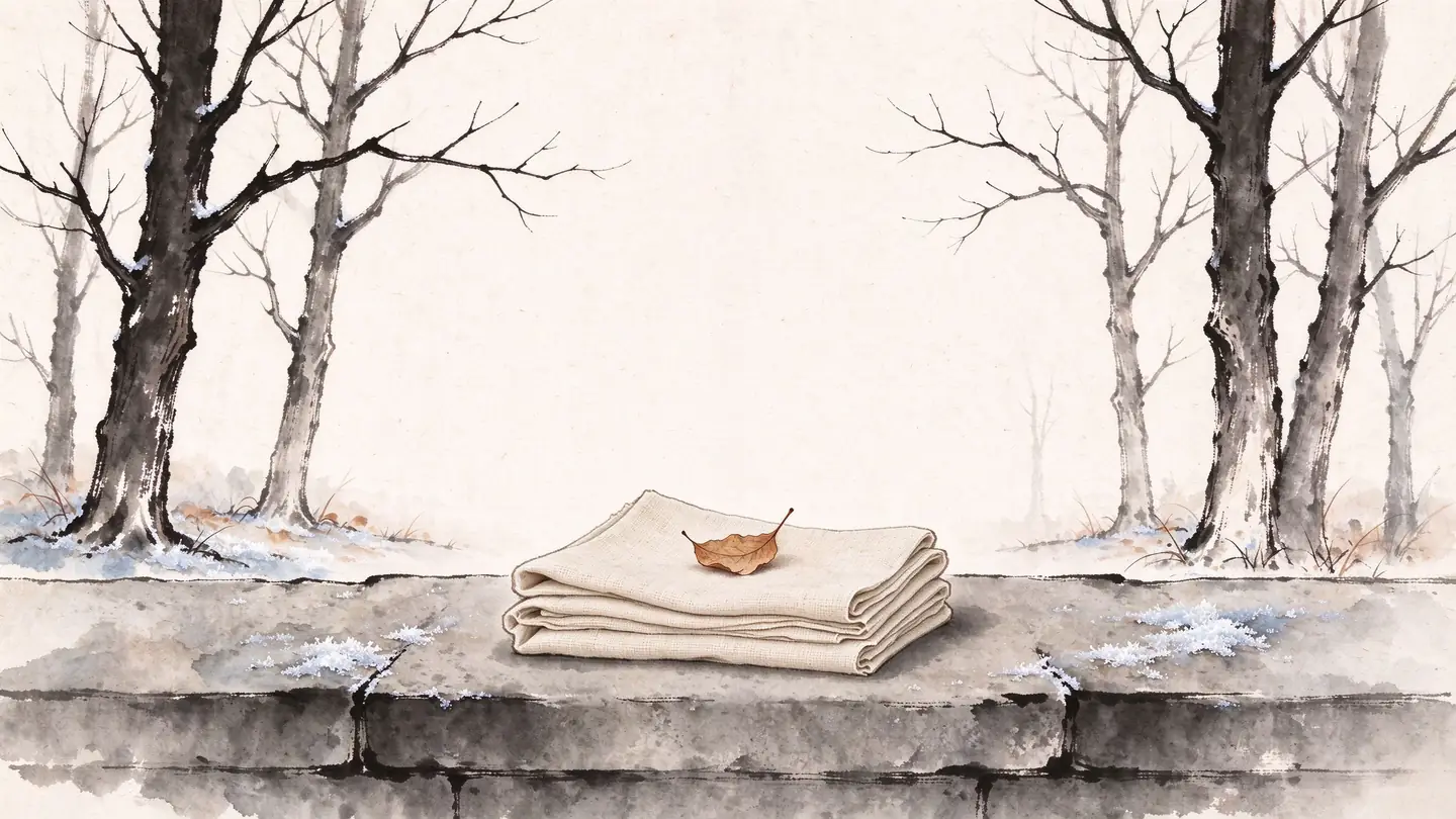 Bare late-autumn trees and thin frost, with a folded stack of pale undyed cloth resting on a plain stone ledge.