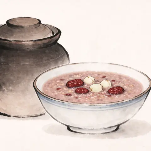 An earthenware jar and a bowl of thick multigrain porridge, with red dates, lotus seeds and a jar of green laba garlic.