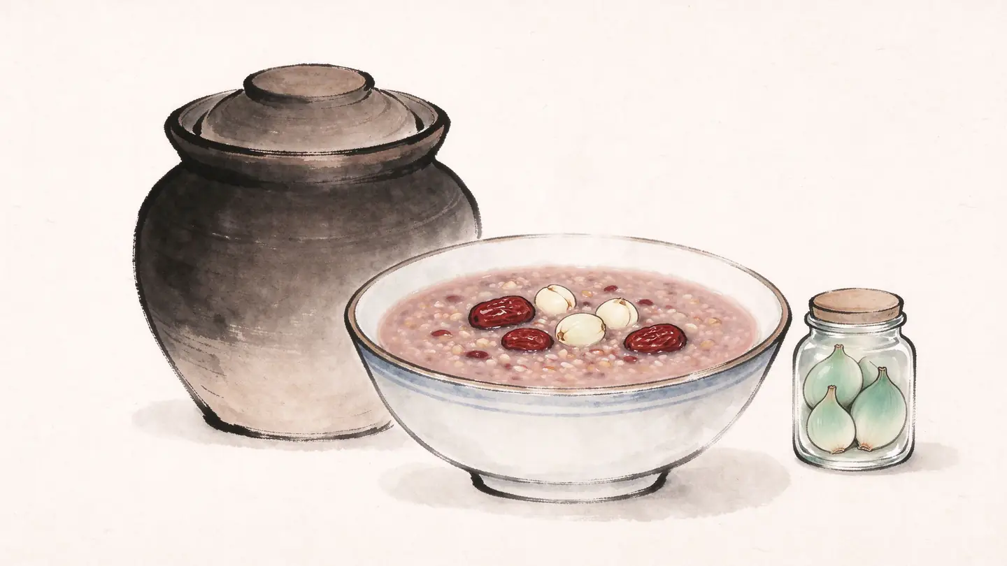 An earthenware jar and a bowl of thick multigrain porridge, with red dates, lotus seeds and a jar of green laba garlic.