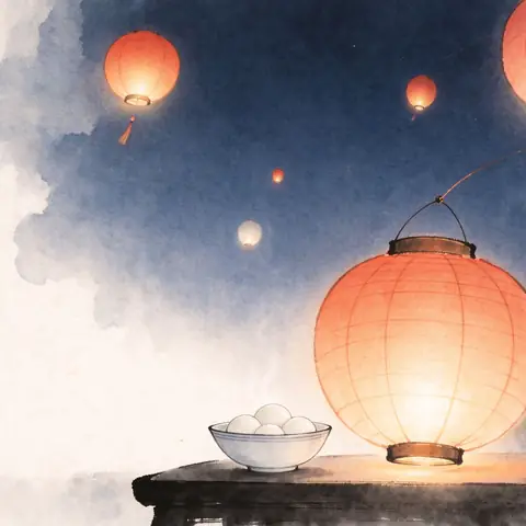 Round paper lanterns drifting into an empty dusk sky, with a bowl of glutinous rice balls catching their light below.