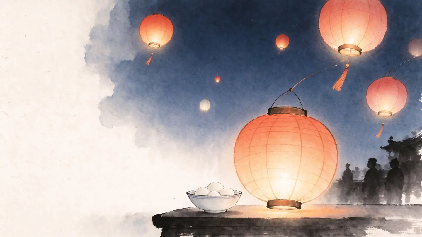 Round paper lanterns drifting into an empty dusk sky, with a bowl of glutinous rice balls catching their light below.