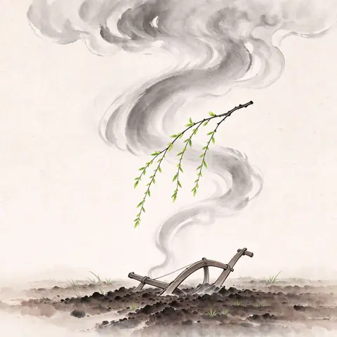 A willow branch in early bud before an abstract dragon formed from cloud and water, with a wooden plough in newly turned soil.