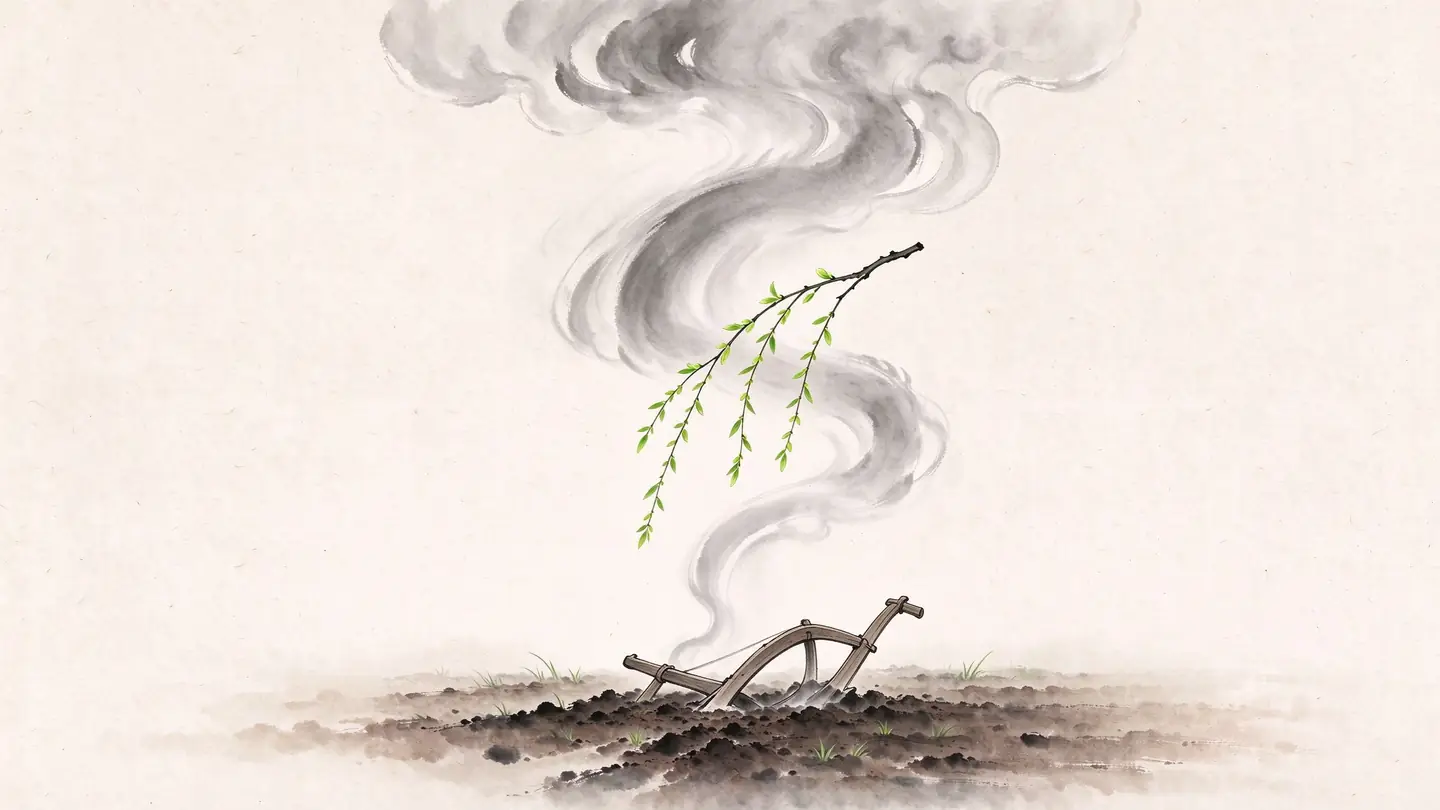 A willow branch in early bud before an abstract dragon formed from cloud and water, with a wooden plough in newly turned soil.