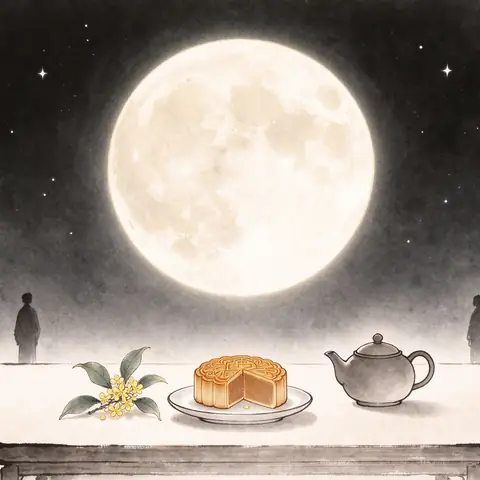 A large full moon above a plain table with a mooncake cut into wedges, a small teapot and a sprig of osmanthus.
