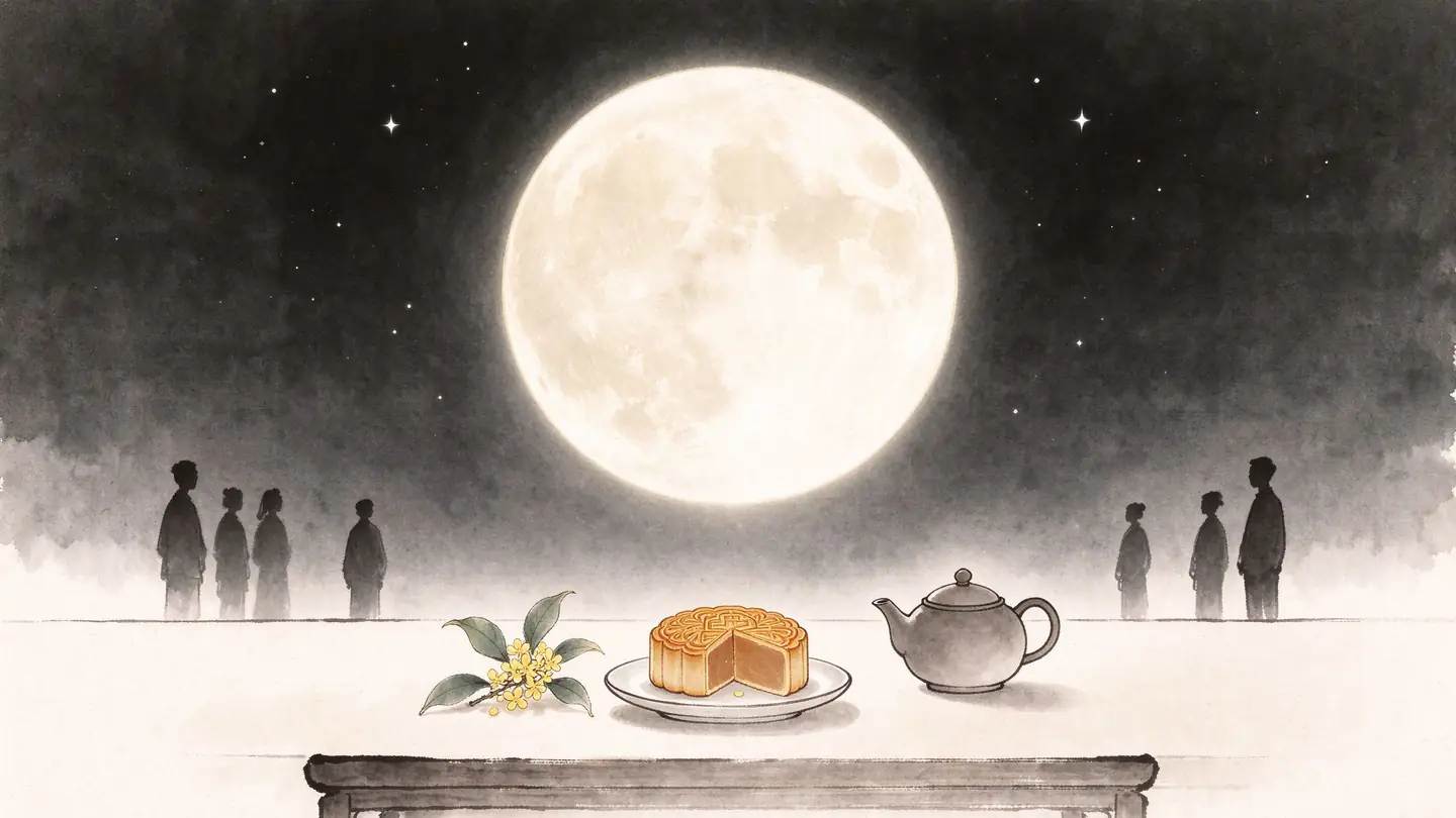 A large full moon above a plain table with a mooncake cut into wedges, a small teapot and a sprig of osmanthus.