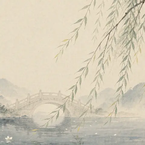 Misty spring hills fading into haze, slender willow branches, and a small plate of green rice balls on plain cloth.