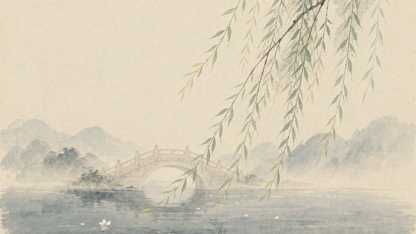 Misty spring hills fading into haze, slender willow branches, and a small plate of green rice balls on plain cloth.