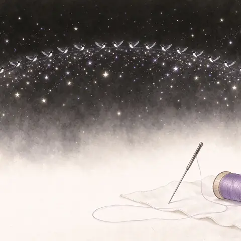 A wide river of stars with a faint arc of magpies, and an embroidery needle and spool of silk on cloth below.