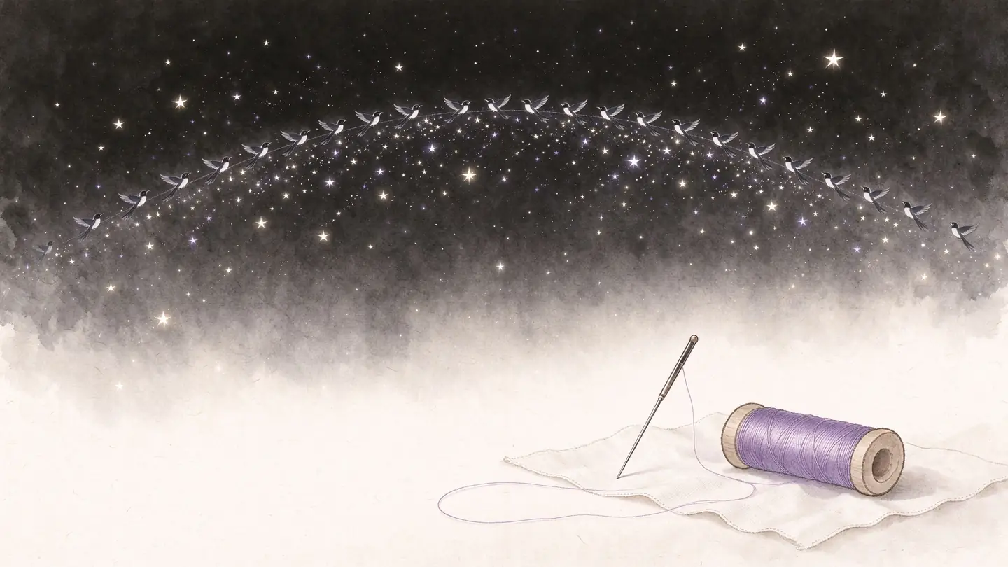 A wide river of stars with a faint arc of magpies, and an embroidery needle and spool of silk on cloth below.