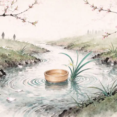A clear spring stream between grassy banks, with a shallow wooden cup and an orchid sprig floating on the water.
