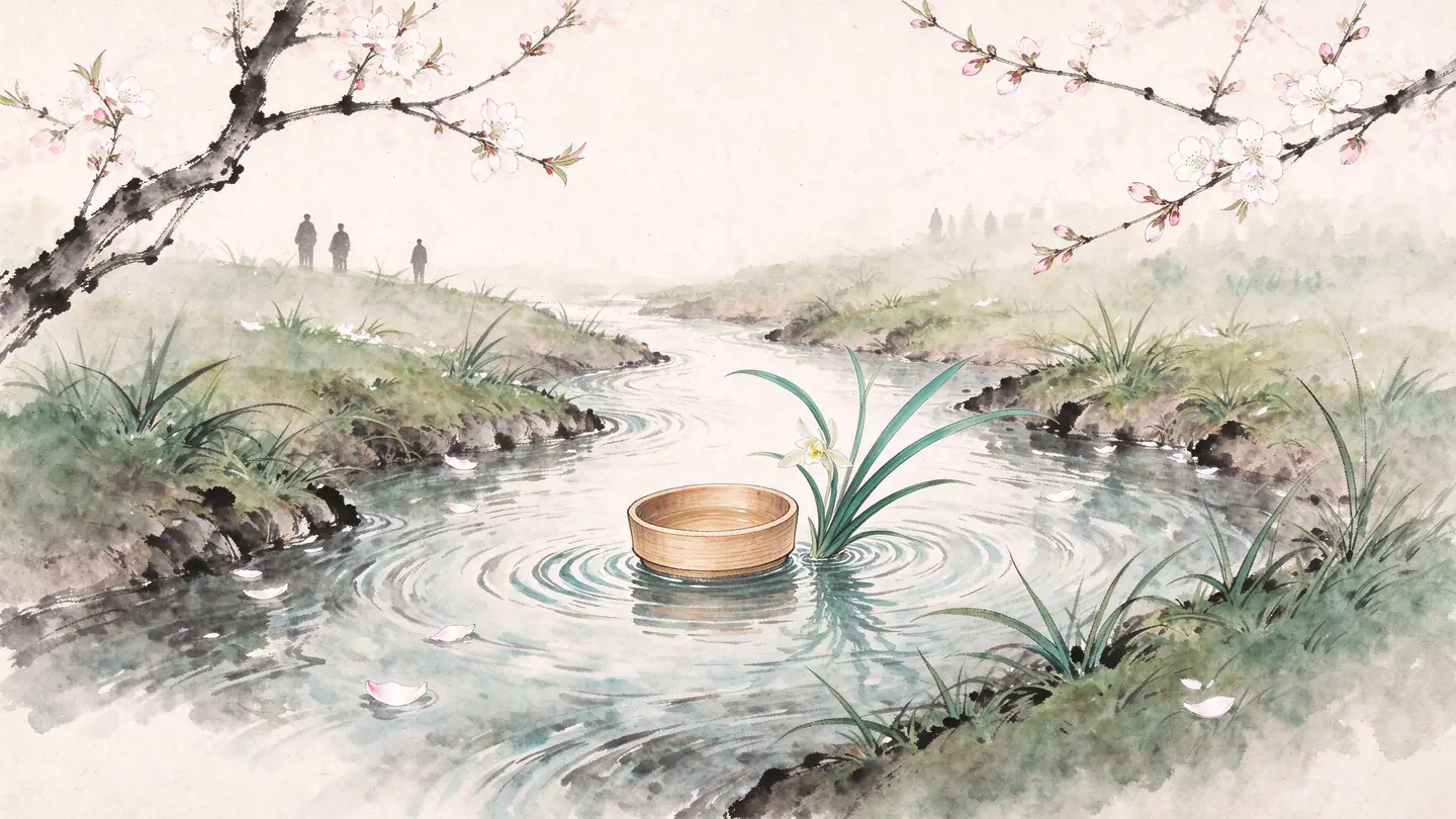 A clear spring stream between grassy banks, with a shallow wooden cup and an orchid sprig floating on the water.
