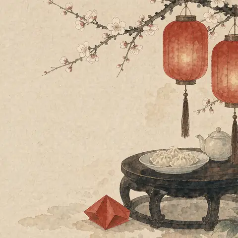 A single plate of dumplings on a wide bare table, a small red lantern glowing above and a red paper cut-out beside it.