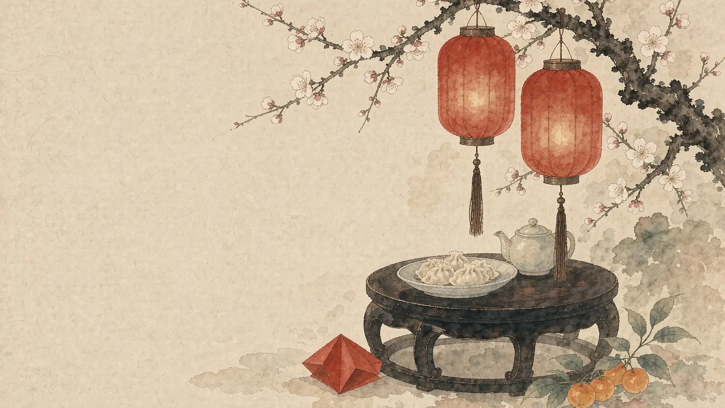 A single plate of dumplings on a wide bare table, a small red lantern glowing above and a red paper cut-out beside it.