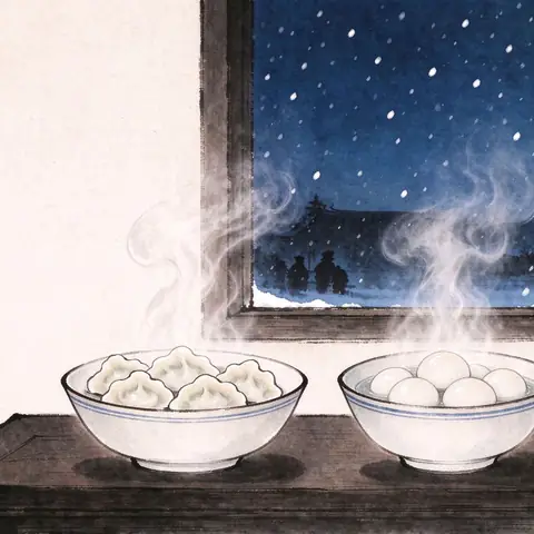 Two steaming bowls of dumplings and tangyuan on a dark wooden table, with snow falling beyond the window.
