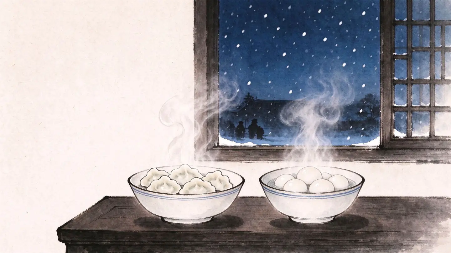 Two steaming bowls of dumplings and tangyuan on a dark wooden table, with snow falling beyond the window.