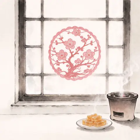 A red paper window cut-out with abstract plum patterns, a plate of amber malt-sugar candy and a small clay stove with steam.