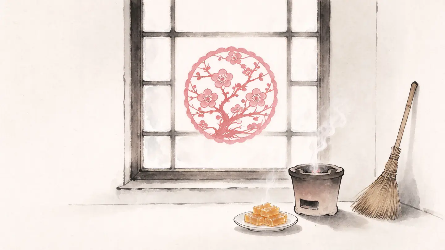 A red paper window cut-out with abstract plum patterns, a plate of amber malt-sugar candy and a small clay stove with steam.